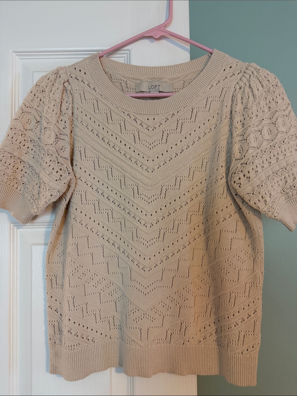 LOFT Cream Eyelet Chevron Knit Short-Sleeve Pullover